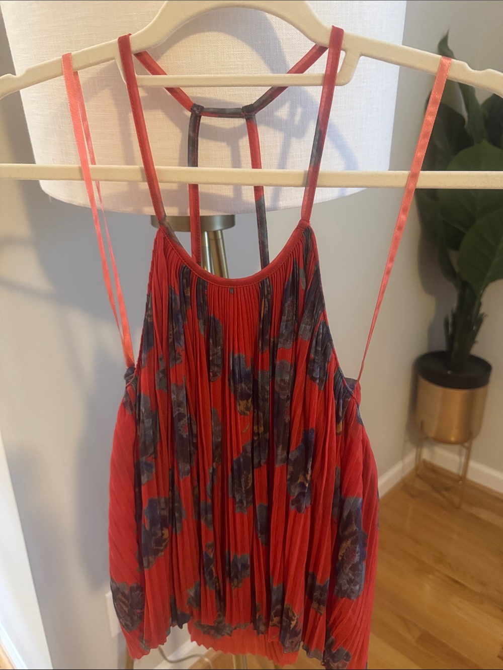 Kimchi Blue Red Floral Pleated Camisole Tank Top